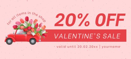 Valentine's Day Sale with Cute Retro Car with Bouquet Coupon 3.75x8.25in Design Template