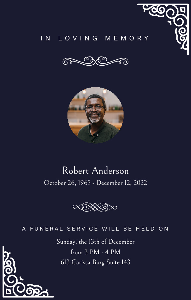 Funeral Memorial Service Announcement on Blue Invitation 4.6x7.2in Design Template