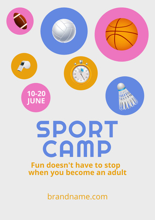 Sports Camp Announcement with Various Sports Equipment Poster Design Template