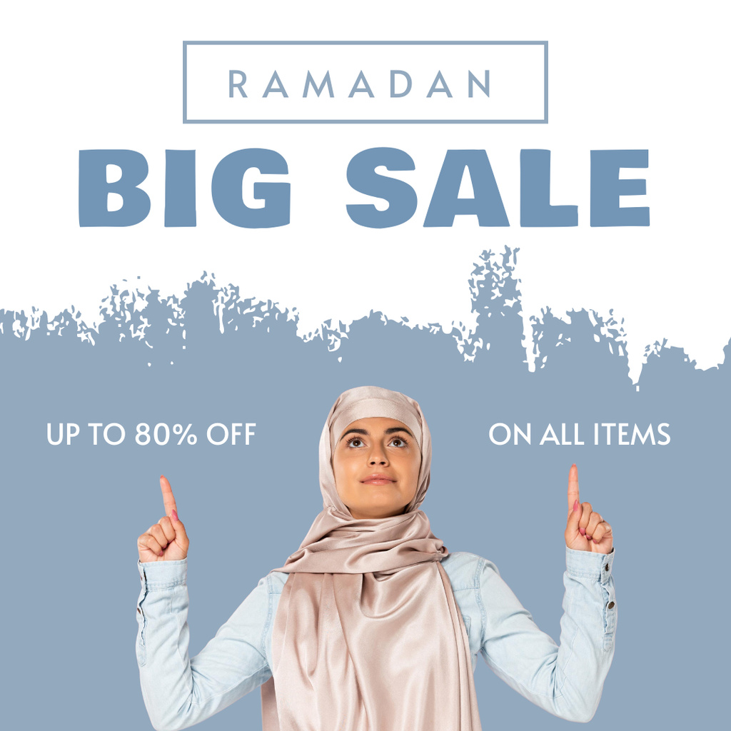 Designvorlage White and Blue Clothing Sale Ad on Ramadan für Instagram