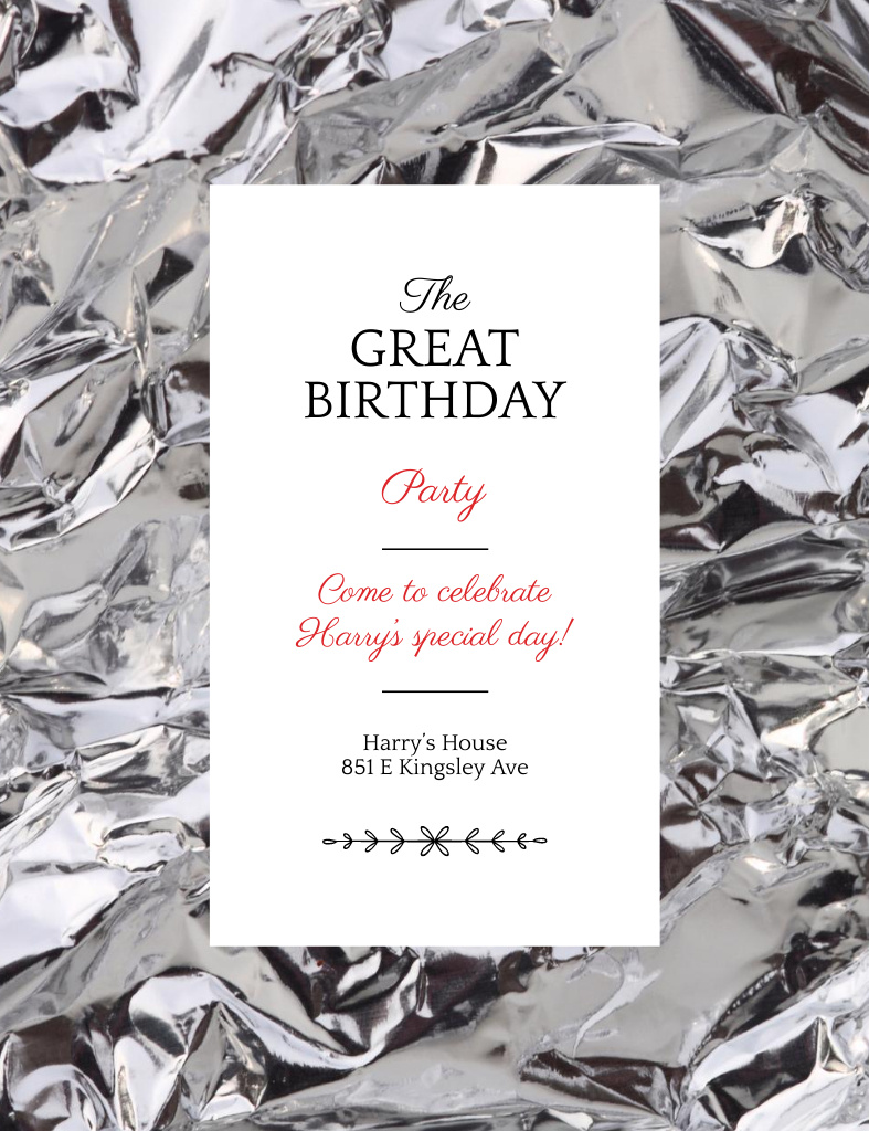 Birthday Party Alert on Silver Foil Invitation 13.9x10.7cm tervezősablon