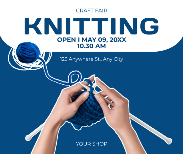 Designvorlage Knitting Craft Fair Announcement In Blue für Facebook