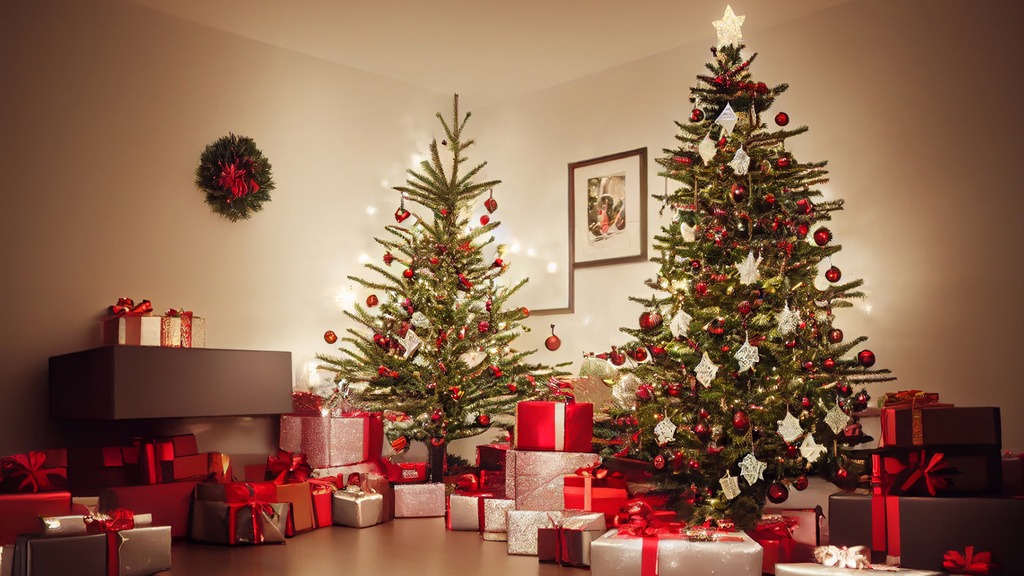 Designvorlage Decorated Christmas Trees and Lots of Gift Boxes für Zoom Background