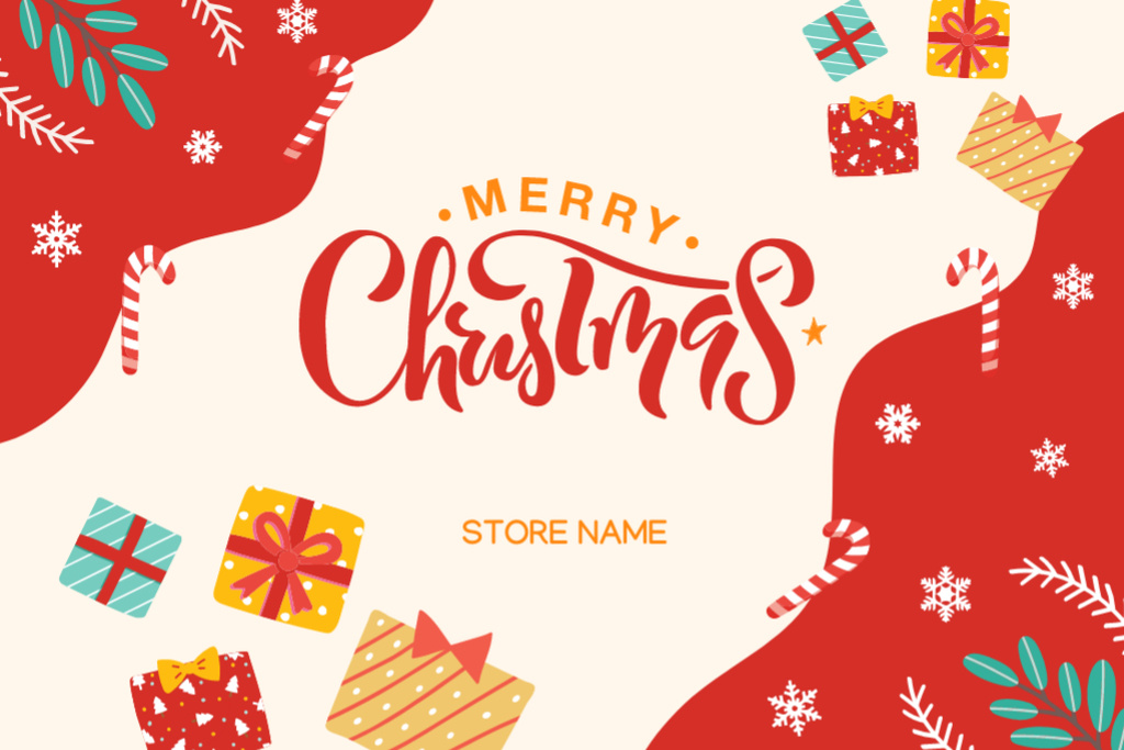 Christmas Greetings From Store With Colorful Presents Postcard 4x6in – шаблон для дизайну