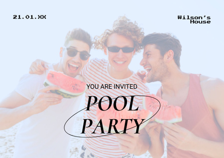 Ontwerpsjabloon van Flyer A5 Horizontal van Aankondiging zwembadfeest met vrolijke mannen die watermeloen eten