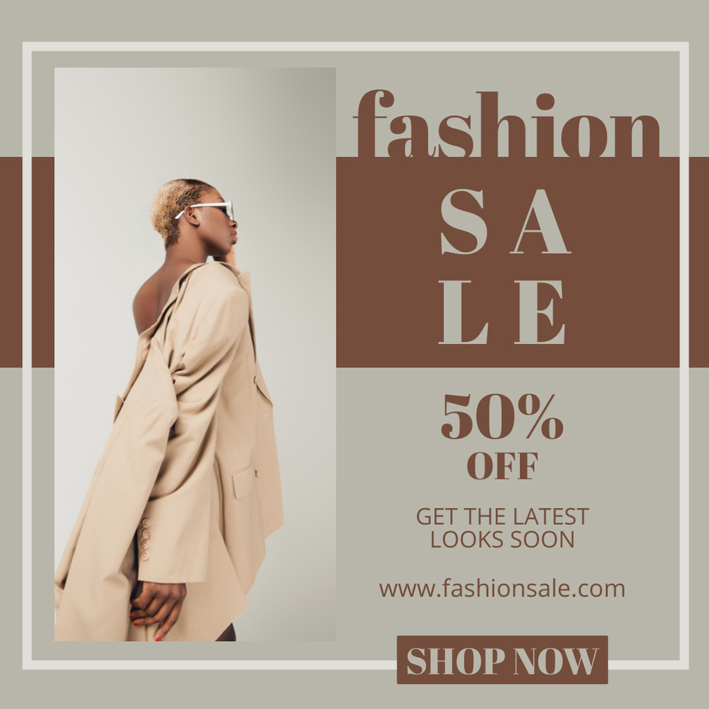 Fashion Sale Ad with Lady in Beige Coat Instagram tervezősablon