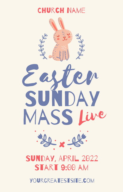 Easter Mass Announcement with Cute Bunny Invitation 4.6x7.2in Design Template
