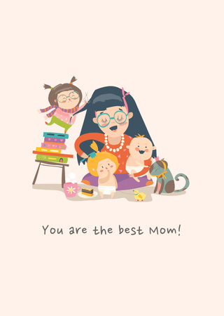 Plantilla de diseño de Saludo festivo del día de la madre con lindos dibujos animados de mamá y niños Postcard A6 Vertical 