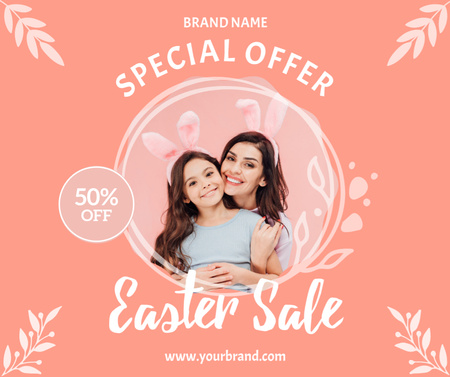 Template di design Annuncio di vendita di Pasqua con donna sorridente e bambino in orecchie da coniglio Facebook