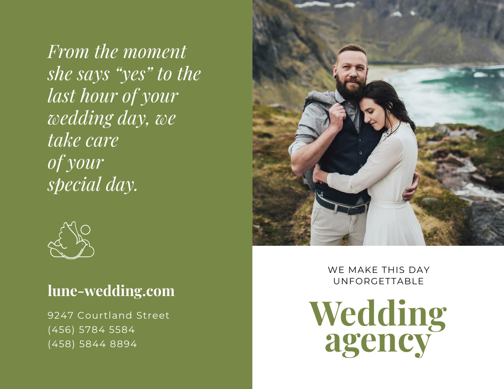 Wedding Agency Ad with Happy Newlyweds Brochure 8.5x11in Bi-foldデザインテンプレート