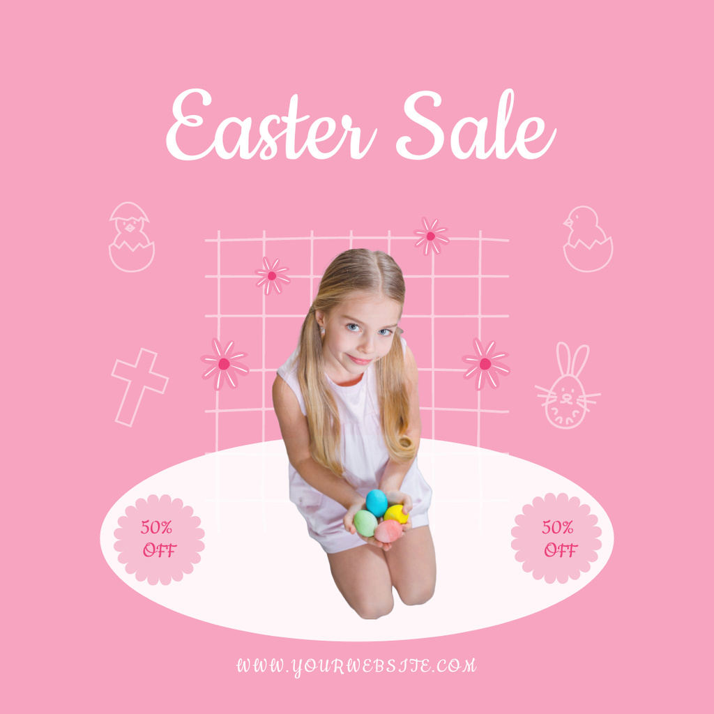 Platilla de diseño Easter Sale Announcement with Little Girl Holding Colorful Easter Eggs Instagram