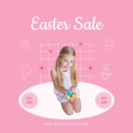 Easter Sale Announcement with Little Girl Holding Colorful Easter Eggs Instagram Design Template