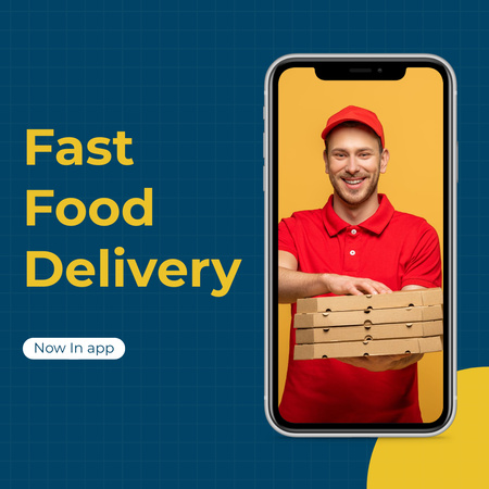 Template di design Fast Food Delivery Service Promotion with Courier Carrying Pizza Instagram