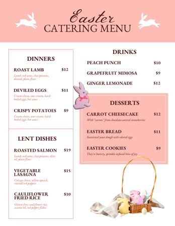 Plantilla de diseño de Oferta de catering de Pascua con lindo conejito y canasta festiva Menu 8.5x11in 