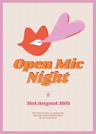 Open Mic Night Announcement with Lips Illustration Invitation tervezősablon
