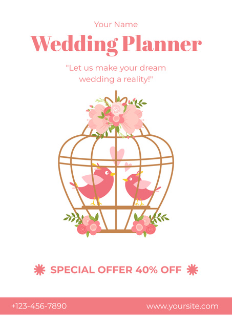 Ontwerpsjabloon van Poster van Wedding Planner Offer with Birds in Cage