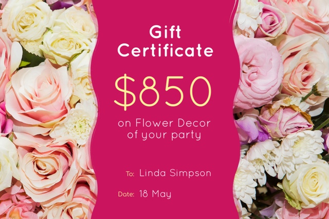 Plantilla de diseño de Flower Decor with Part Pink Roses Gift Certificate 