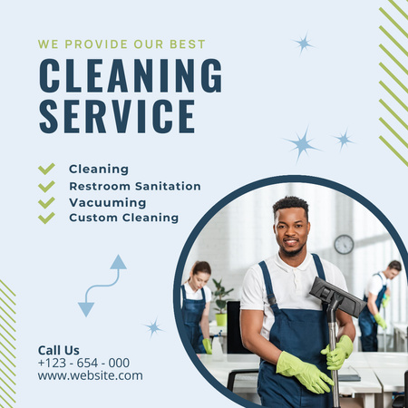 Plantilla de diseño de servicios de limpieza anuncio con hombre de uniforme Instagram 