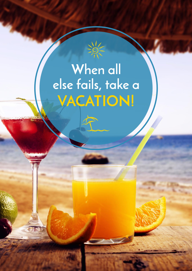 Vacation Offer with Cocktail At The Beach Postcard A6 Vertical Design Template