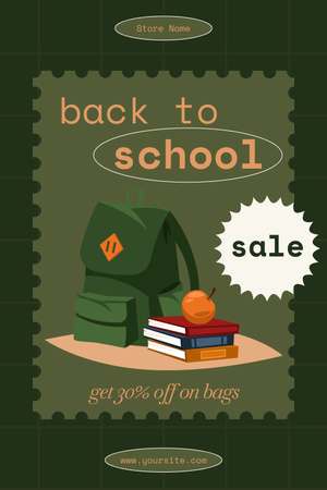 Designvorlage Schulverkauf mit grünem Rucksack und Büchern für Pinterest