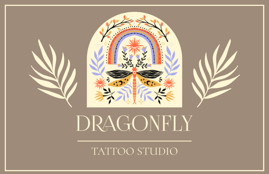 Ontwerpsjabloon van Business Card 85x55mm van Colorful Dragonfly And FLorals With Tattoo Studio Offer