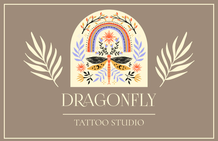 Designvorlage Bunte Libelle und Blumen mit Tattoo-Studio-Angebot für Business Card 85x55mm