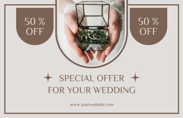 Jewelry Offer with Wedding Rings in Glass Box on Beige Thank You Card 5.5x8.5in Design Template