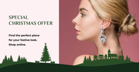 Ontwerpsjabloon van Facebook AD van Christmas Offer Woman in Earrings with Diamonds