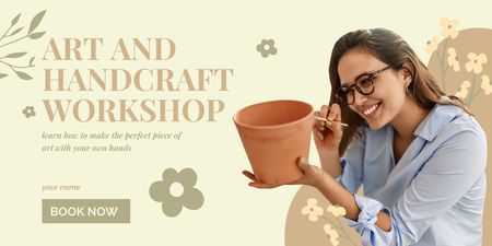 Handcraft Workshop Ad with Woman Painting Clay Pot with Brush Twitter tervezősablon