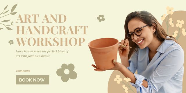 Handcraft Workshop Ad with Woman Painting Clay Pot with Brush Twitter Tasarım Şablonu