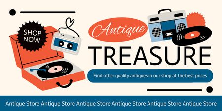 Antique Treasure With Vinyl Recordings Turntable Offer Twitter Design Template