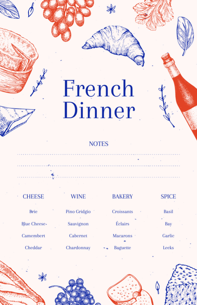 Designvorlage French Dinner Cooking with Croissants and Wine für Recipe Card