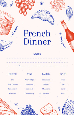 Template di design cena francese con croissant e vino Recipe Card