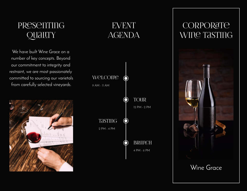 Wine Tasting Ad with Wineglass and Bottle in Black Brochure 8.5x11in Z-fold Tasarım Şablonu