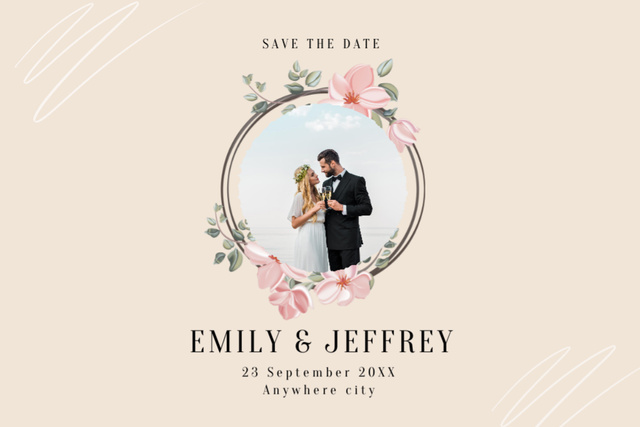 Platilla de diseño Wedding Invitation with Happy Newlyweds in Flower Circle Postcard 4x6in