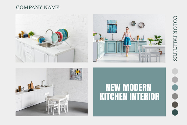 Modern Kitchen Interior in Blue and Grey Mood Boardデザインテンプレート