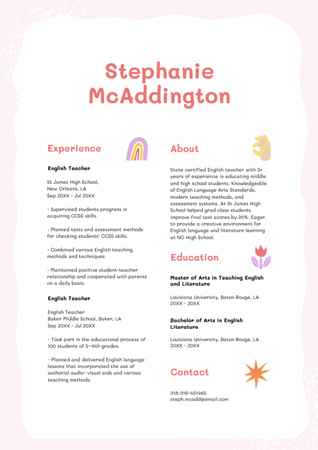 List of English Teacher Skills and Experience Resume Design Template