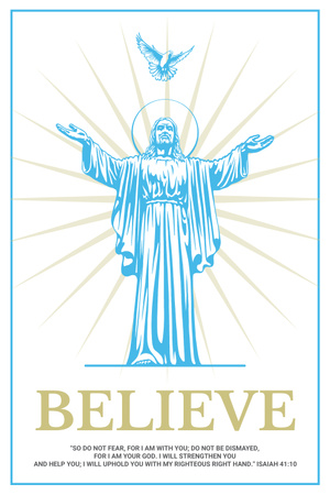 Náboženská víra s Kristovou sochou v modrém Pinterest Šablona návrhu