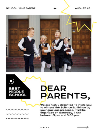 Объявление о подаче заявления в школу с учениками возле здания Newsletter – шаблон для дизайна