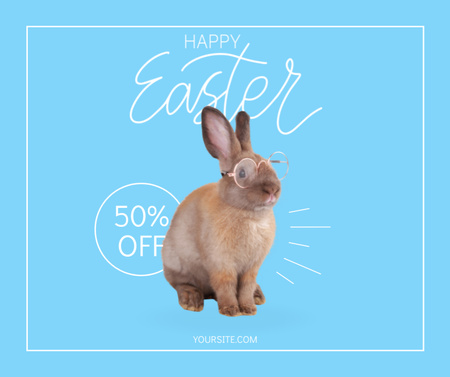 Designvorlage Osterverkaufsankündigung mit süßem kleinen braunen Kaninchen mit Brille für Facebook