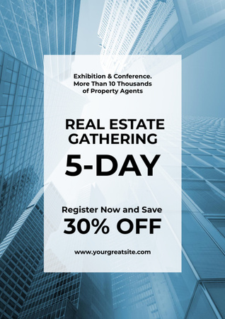 Designvorlage Real Estate Conference Announcement with Glass Skyscrapers für Flyer A4