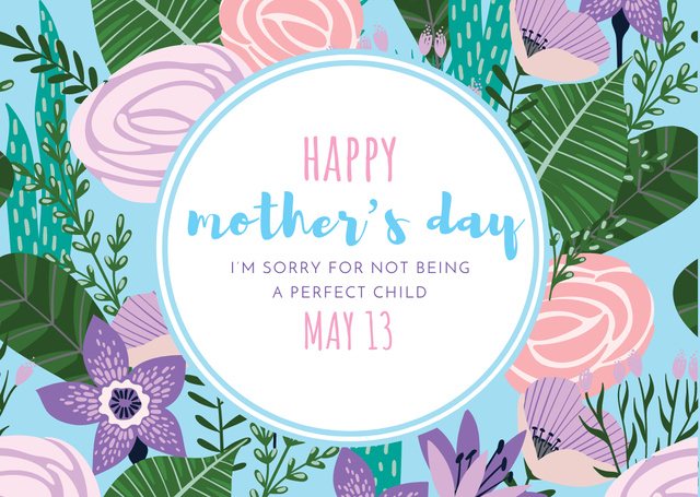 Happy Mother's Day Greeting on Bright Flowers Postcard Modelo de Design