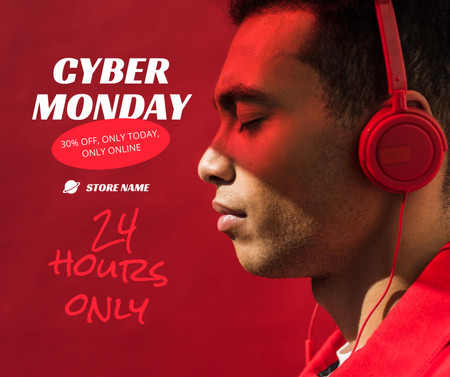 Cyber Monday sale,Man with headphones Facebook Design Template