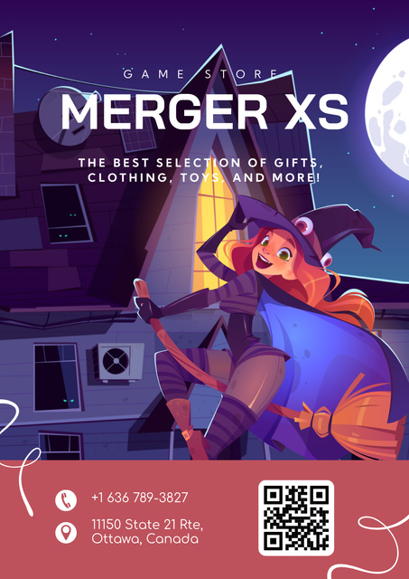Designvorlage Best Game Store Offer with Cartoon Witch für Poster