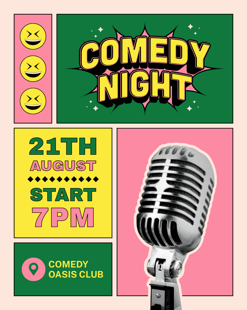 Comedy Night Ad with Microphone in Pink Instagram Post Vertical tervezősablon