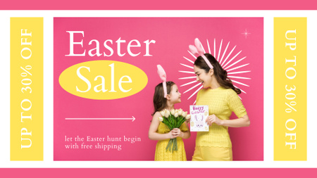 Easter Sale Announcement with Happy Child and Mother FB event cover Design Template