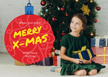 Merry Christmas Greeting with Little Girl with Presents Postcard 5x7in Design Template
