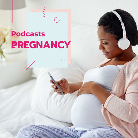 Беременная женщина слушает музыку на телефоне Instagram – шаблон для дизайна