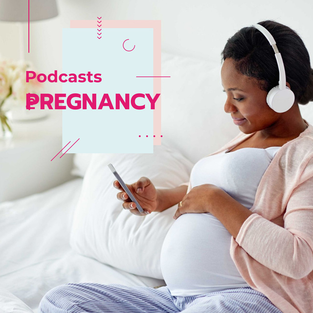 Pregnant woman listening music on phone Instagram tervezősablon