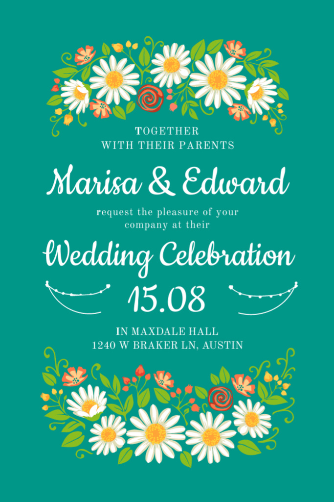 Wedding Invitation with Flowers Illustration in Green Flyer 4x6in Design Template